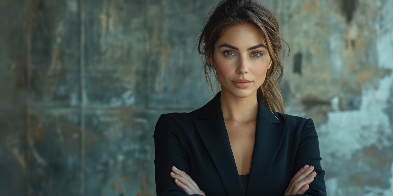 Professional woman with confident demeanor stands against textured wall in minimalist setting